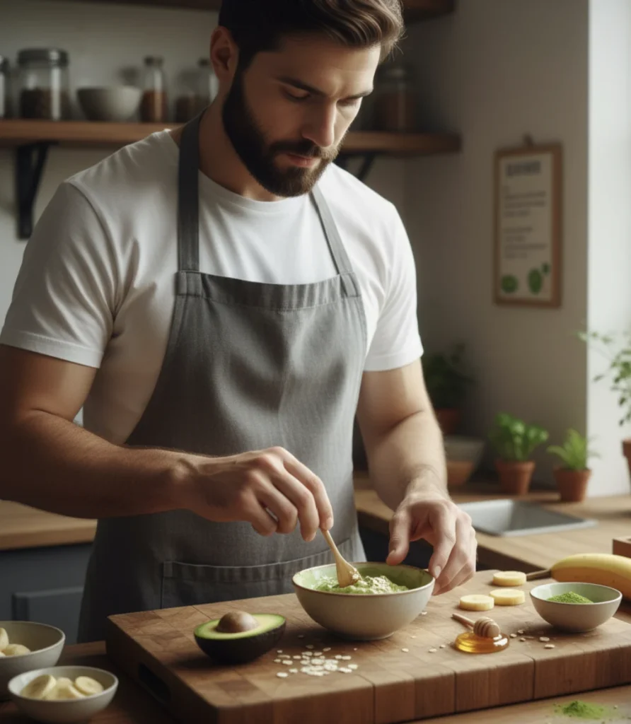 homme préparant masque visage maison cuisine diy